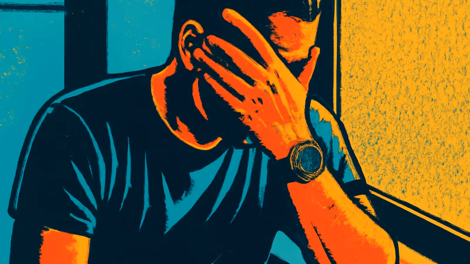 Pop-art illustration of a man sitting with one hand covering his face beside a window.