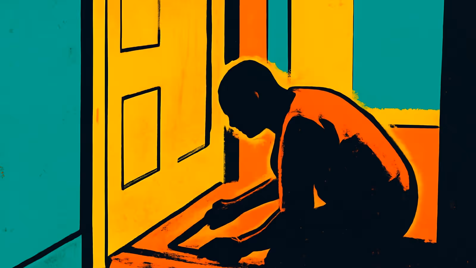 Pop-art illustration of a man tying his shoes in a doorway.