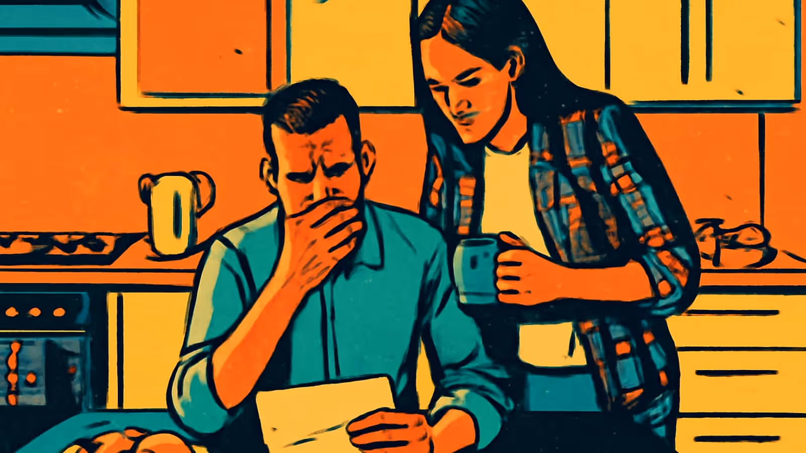 Una persona sentada en una mesa de cocina con una mano sobre la boca mirando hacia abajo un carta, mientras otra persona está de pie detrás de ella sosteniendo una taza, representado como una ilustración plana en naranja, amarillo y teal.