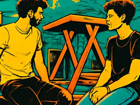 Two young men sit facing each other on a bench outdoors with a wooden table between them, one in a pale t-shirt and one in a dark t-shirt, rendered as a flat yellow, orange and teal illustration.