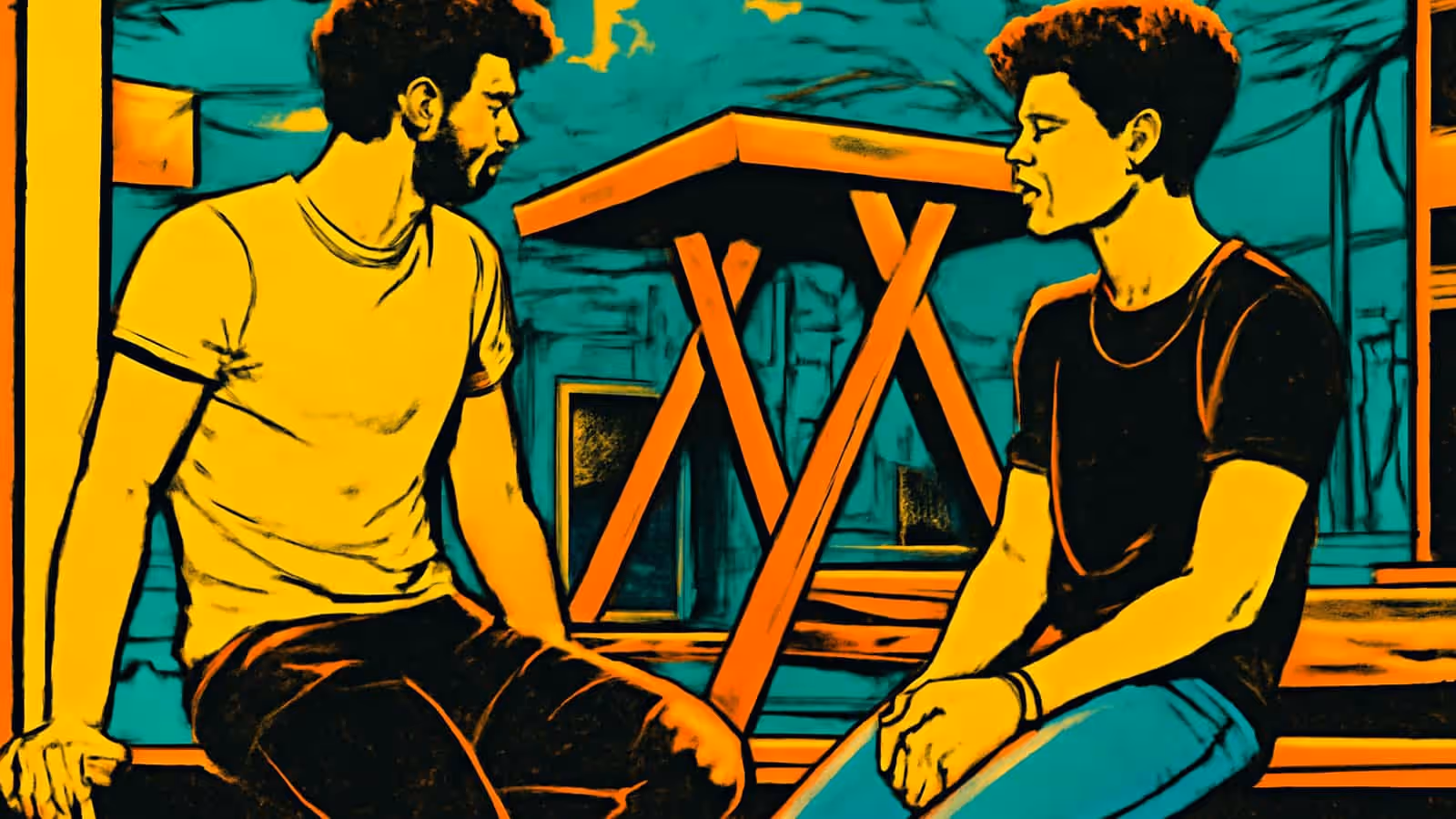 Zwei junge Männer sitzen sich auf einer Bank im Freien gegenüber, mit einem Holztisch zwischen ihnen, einer in einem hellen T-Shirt und einer in einem dunklen T-Shirt, dargestellt als flache Illustration in Gelb, Orange und Blaugrün.
