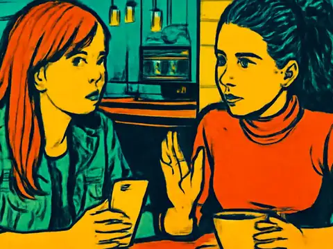 Two people sitting side by side at a cafe table with drinks in front of them, one speaking with a raised hand while the other listens, rendered as a flat orange, yellow and teal illustration.