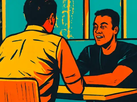 Pop-art illustration of two people sitting at a table facing each other in conversation, one leaning forward with hands clasped.