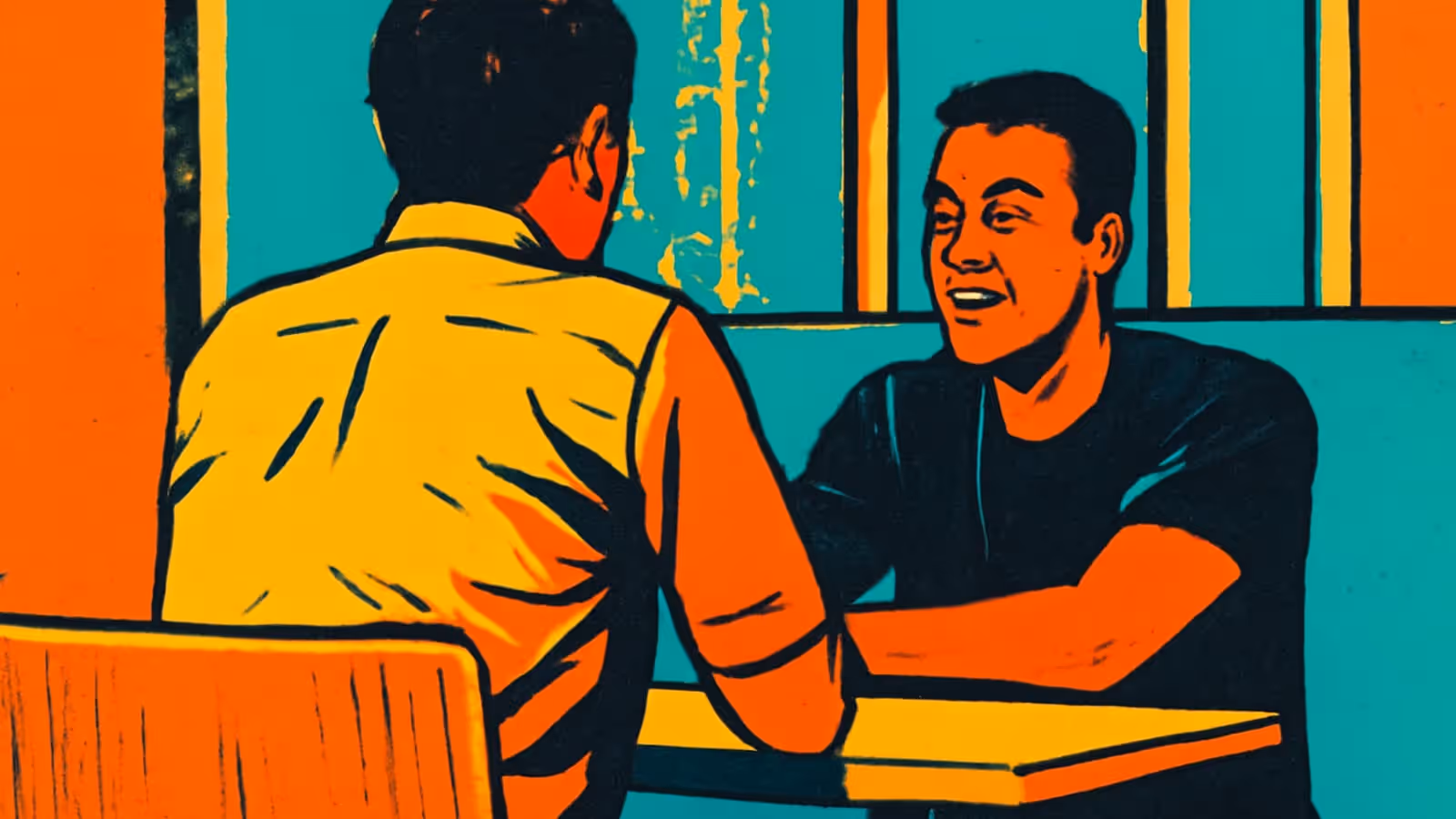 Pop-Art-Illustration von zwei Personen, die an einem Tisch sitzen und sich gegenüberstehen, während sie miteinander sprechen, wobei eine Person sich mit gefalteten Händen nach vorne lehnt.