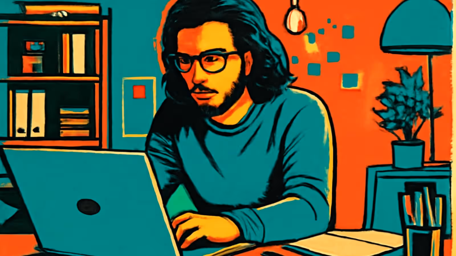 رسم مسطح لشخص ذو شعر طويل ونظارات يميل نحو لابتوب مفتوح على مكتب، مع رف كتب خلفه ومصباح ونبات مزروع على جانب واحد.