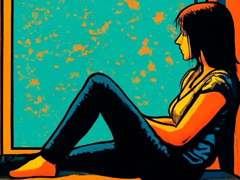 A person with long hair sits on a wide window ledge in profile with their knees bent, leaning back against the frame and looking out, rendered as a flat orange and teal illustration.