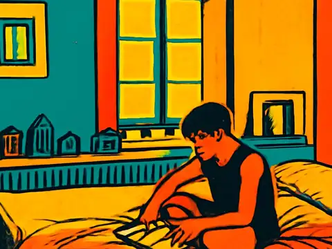 Pop-art illustration of a person sitting on the edge of a bed in a room with a tall window, looking towards the camera.