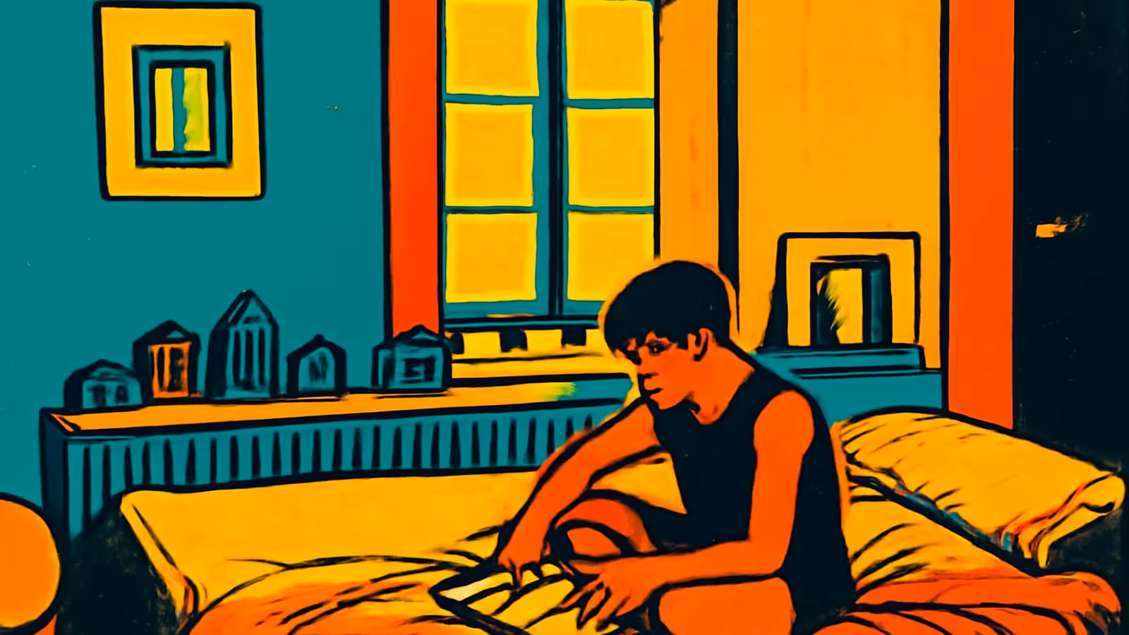 Illustration pop-art d'une personne assise au bord d'un lit dans une pièce avec une grande fenêtre, regardant vers l'objectif.