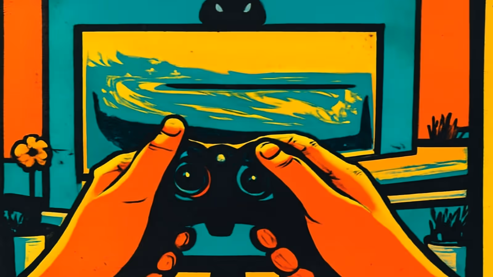 Un par de manos sosteniendo un control de juego negro en primer plano, frente a una pantalla amplia iluminada que muestra una escena en tonos verde azulado y amarillo, con plantas en macetas a cada lado, representada como una ilustración plana en naranja y verde azulado.