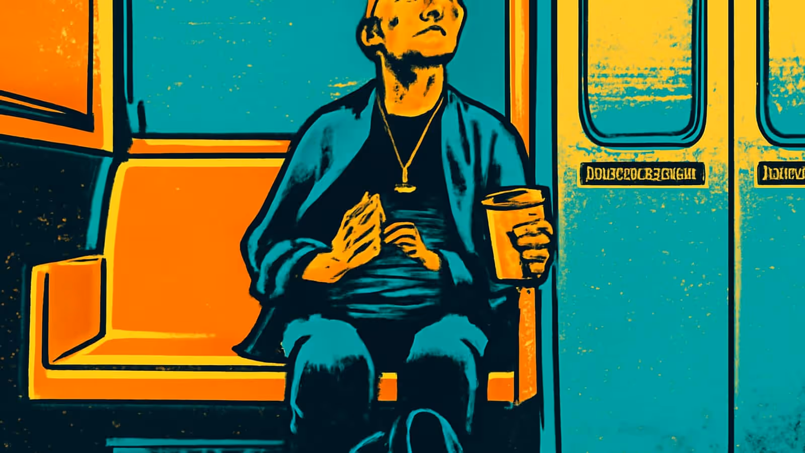 Pop-Art-Illustration eines Mannes, der allein auf einem Zugplatz sitzt, einen To-Go-Becher hält und nach oben schaut.