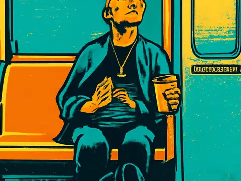 Pop-art illustration of a man sitting alone on a train seat holding a takeaway cup, looking upward.