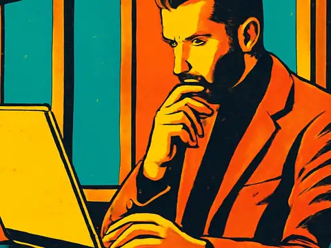 A bearded person in a jacket sitting at a laptop with one hand resting under their chin, frowning at the screen, rendered as a flat orange, yellow and teal illustration.