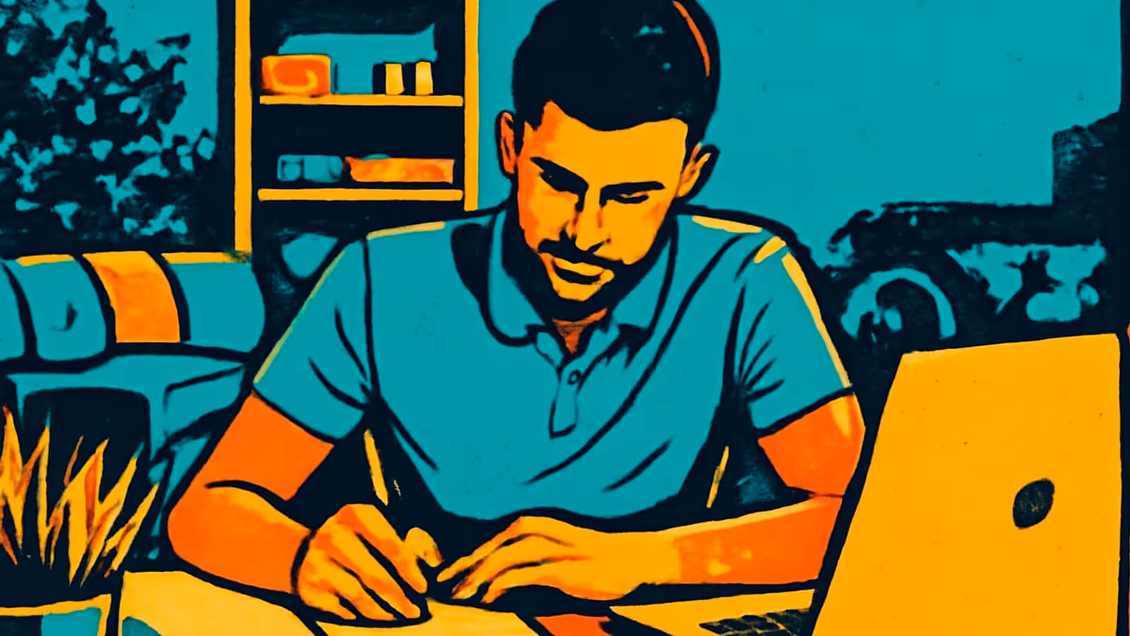 Pop-art illustration of a man writing at a table beside an open laptop.