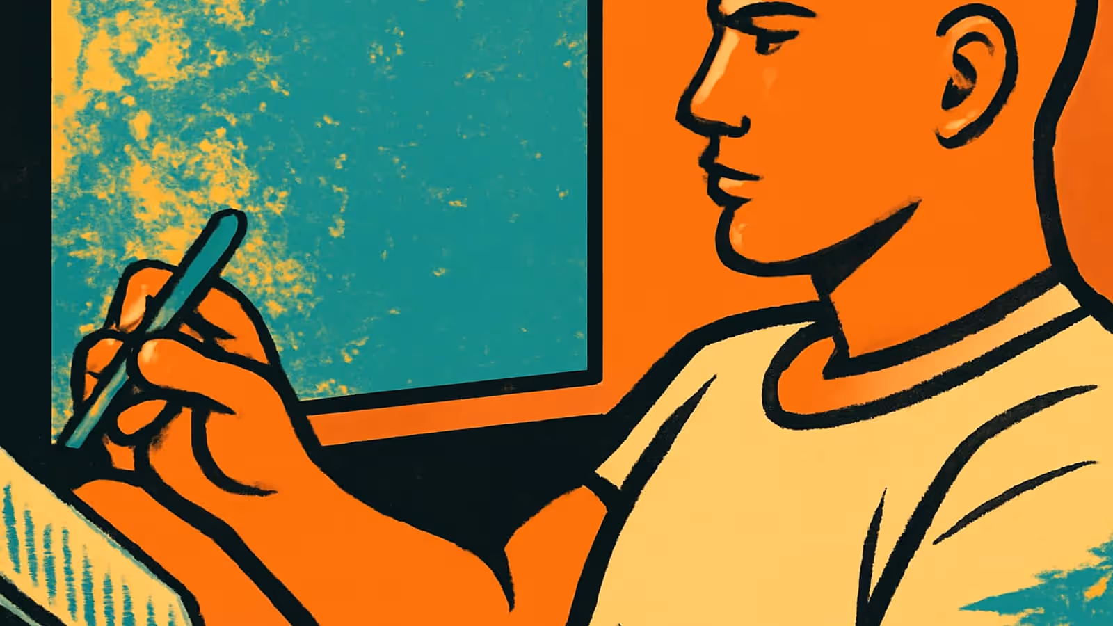 Pop-art illustration of a man in profile writing in a notebook.