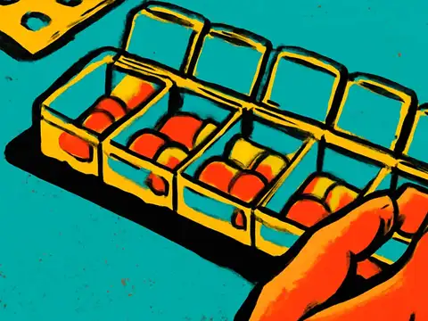 Pop-art illustration of a hand picking a pill from a weekly medication organizer, in orange and teal.