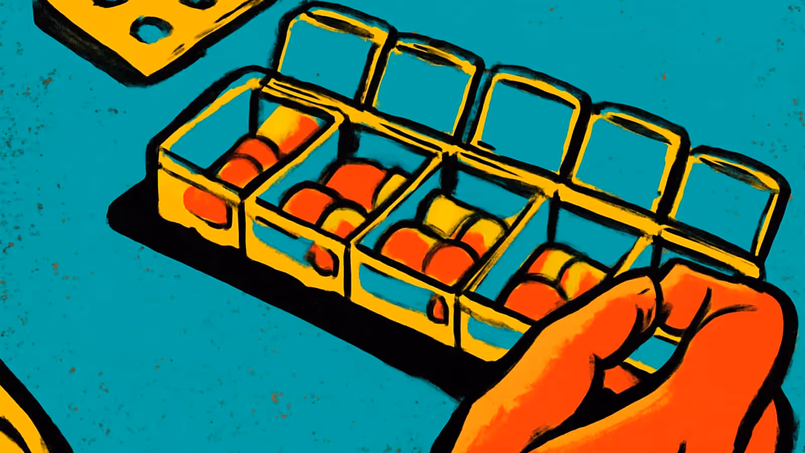 Illustration pop-art d'une main prenant une pilule dans un organisateur de médicaments hebdomadaire, en orange et en bleu-vert.