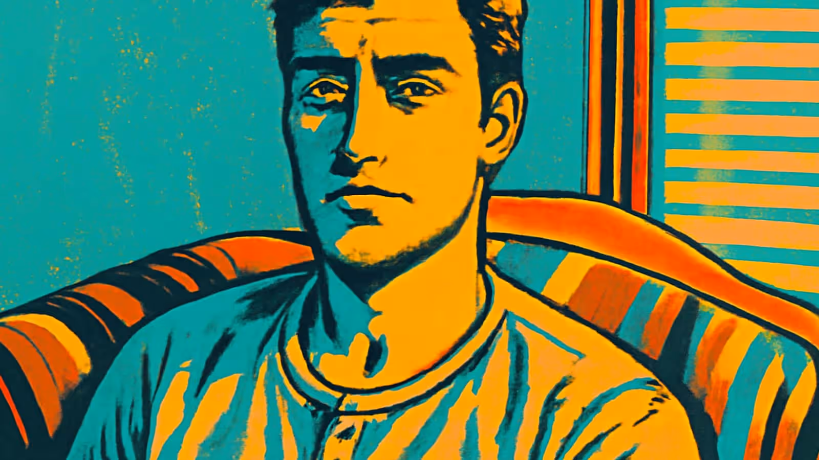 Pop-Art-Illustration in Türkis und Orange eines Mannes, der entspannt auf einem Sofa sitzt, ein gestreiftes Hemd trägt und mit einem flachen, unkonzentrierten Ausdruck geradeaus schaut.