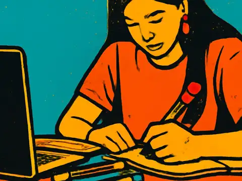 Pop-art illustration of a young woman writing in a notebook at a desk beside an open laptop.