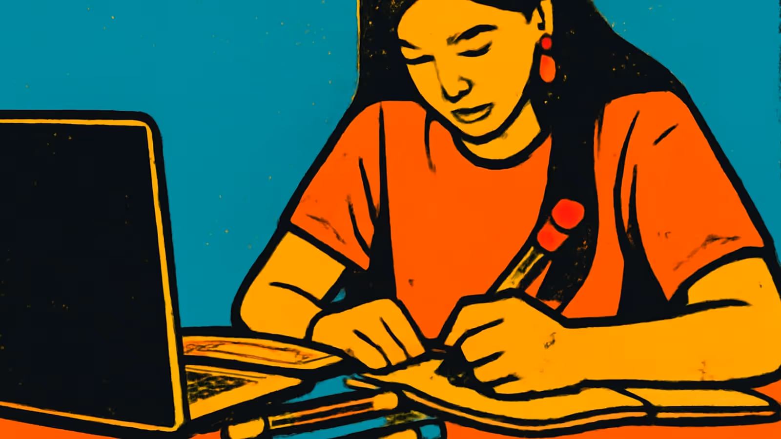 رسم توضيحي بأسلوب البوب آرت لامرأة شابة تكتب في دفتر ملاحظات على مكتب بجانب لابتوب مفتوح.