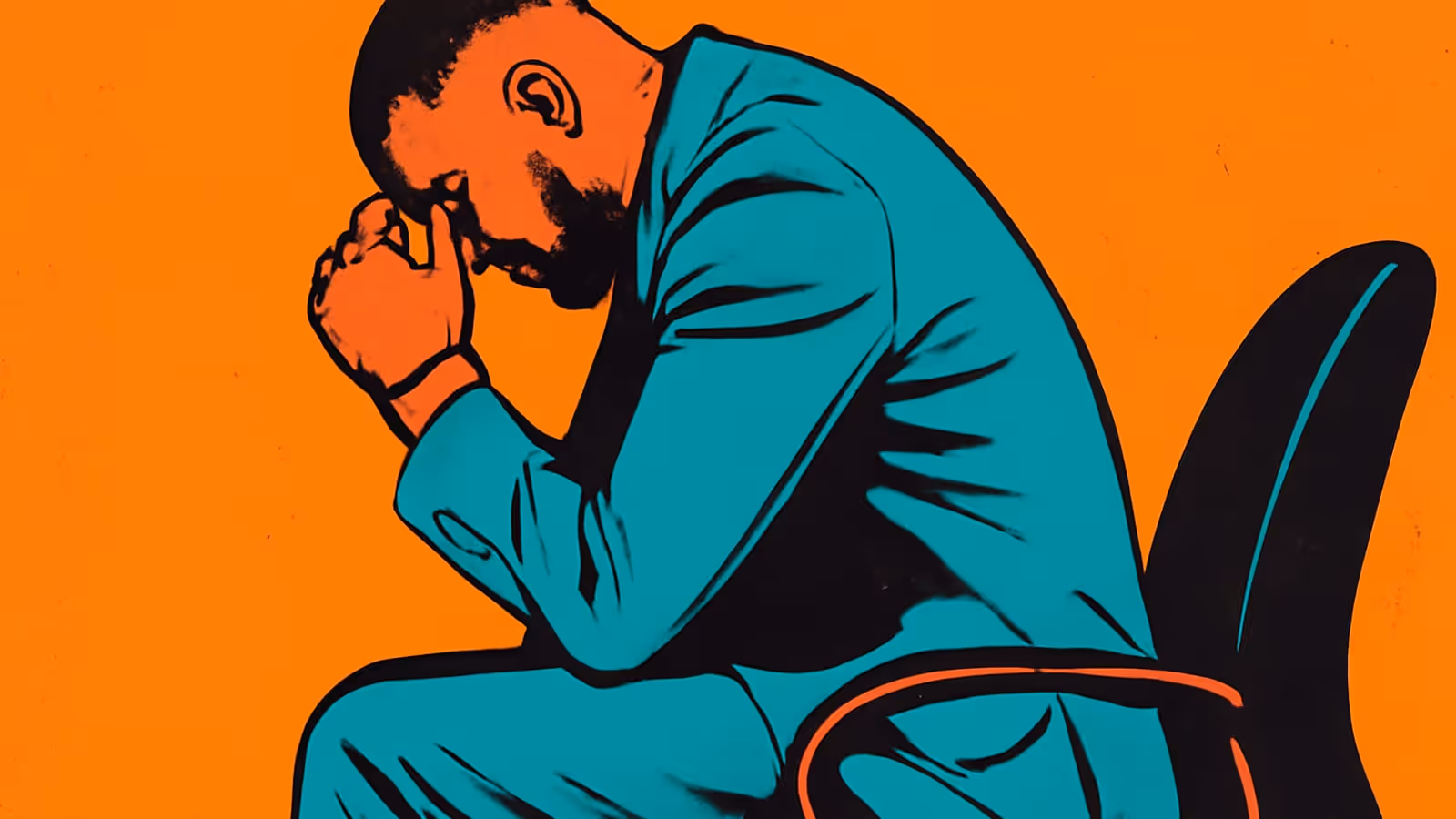 Un hombre con traje sentado hacia adelante en una silla de oficina con las manos entrelazadas presionadas contra su frente, representado como una ilustración plana en color teal sobre un fondo naranja.