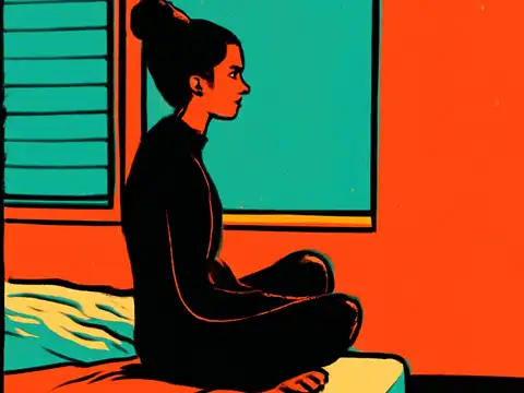 Pop-art illustration of a young woman sitting cross-legged alone on a bed, looking away toward a window with a withdrawn expression.