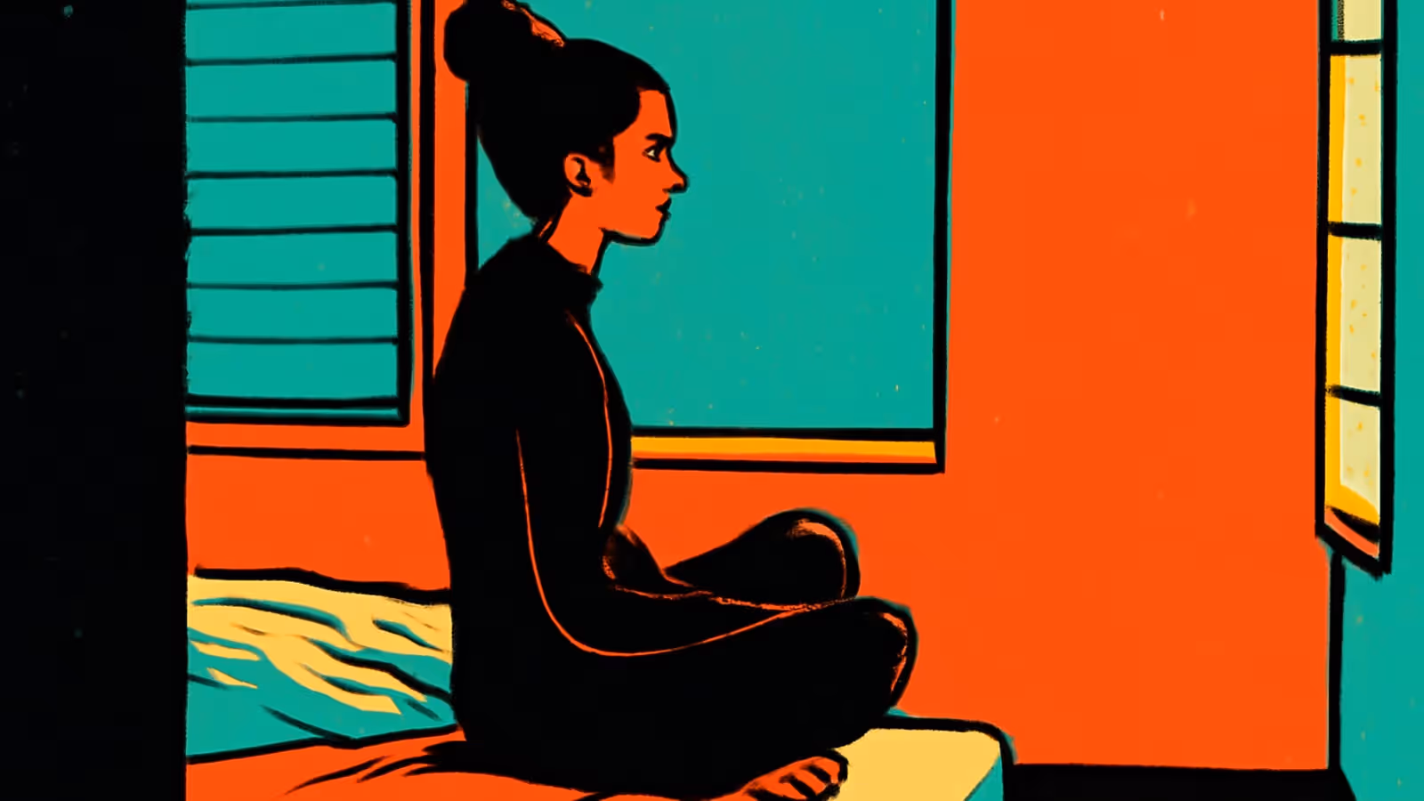 Pop-Art-Illustration einer jungen Frau, die im Schneidersitz allein auf einem Bett sitzt und mit einem zurückgezogenen Ausdruck aus dem Fenster schaut.
