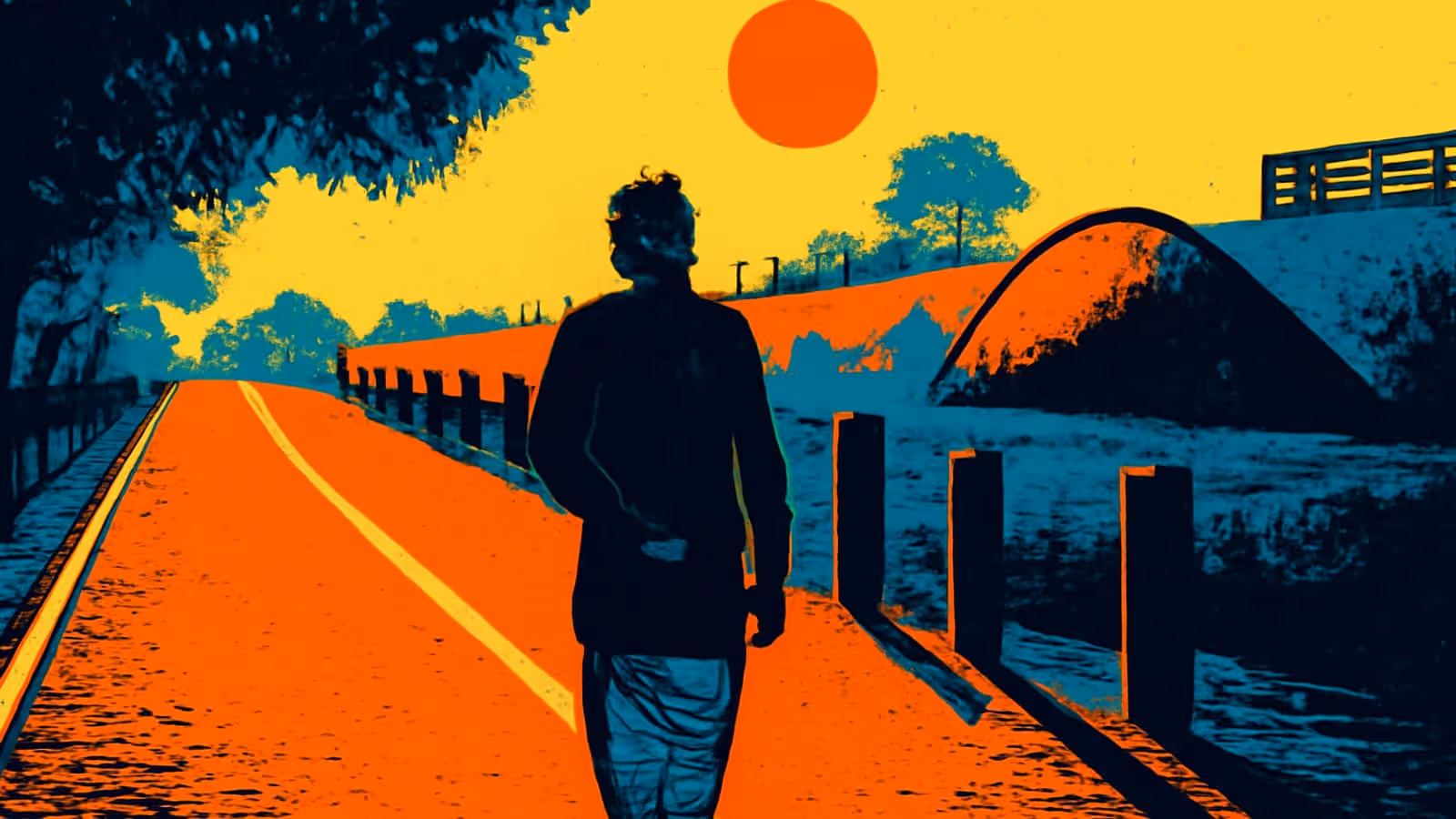 Una persona caminando alejándose de la cámara por un sendero al lado de una cerca, con un gran sol bajo en el cielo adelante y árboles a lo largo de la carretera, representado como una ilustración plana en tonos naranja y teal.