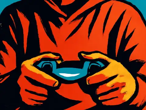 Pop-art illustration in orange, black and teal of a person gripping a game controller tightly against their chest, face out of frame.
