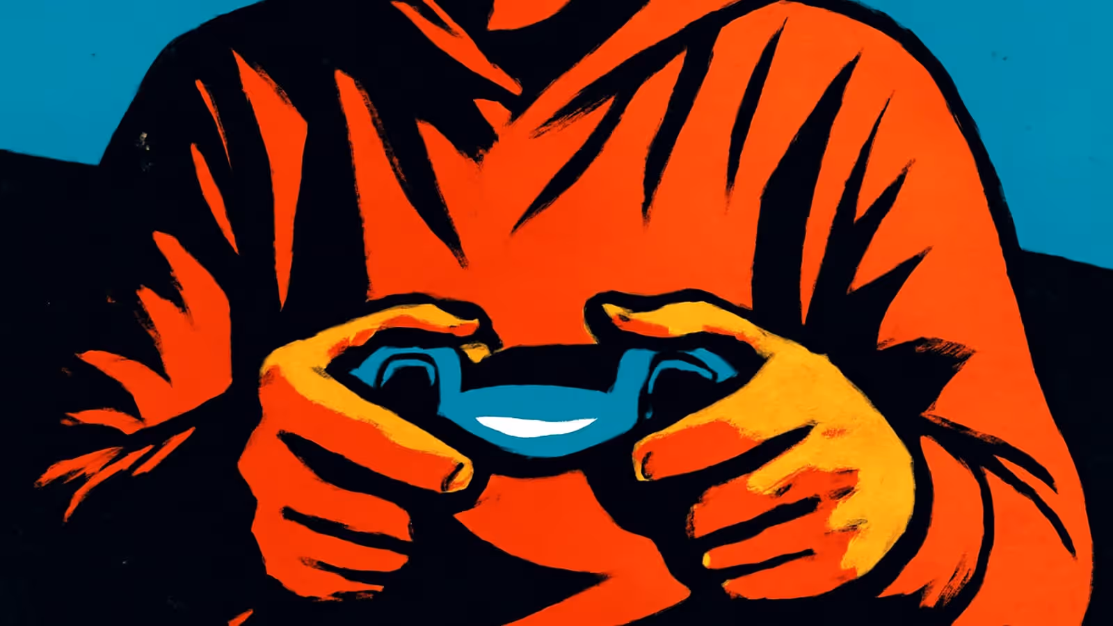 Pop-Art-Illustration in Orange, Schwarz und Türkis von einer Person, die einen Spielcontroller fest gegen die Brust hält, das Gesicht außerhalb des Rahmens.
