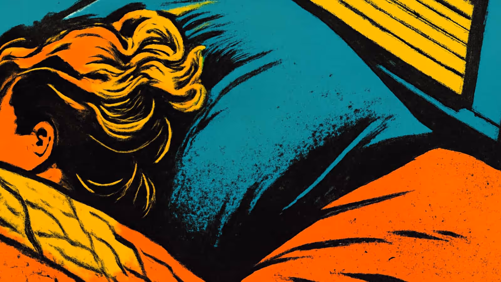 Pop-art illustration seen from behind of a person asleep on their side, hair spread across a pillow, with a lit window above the bed.