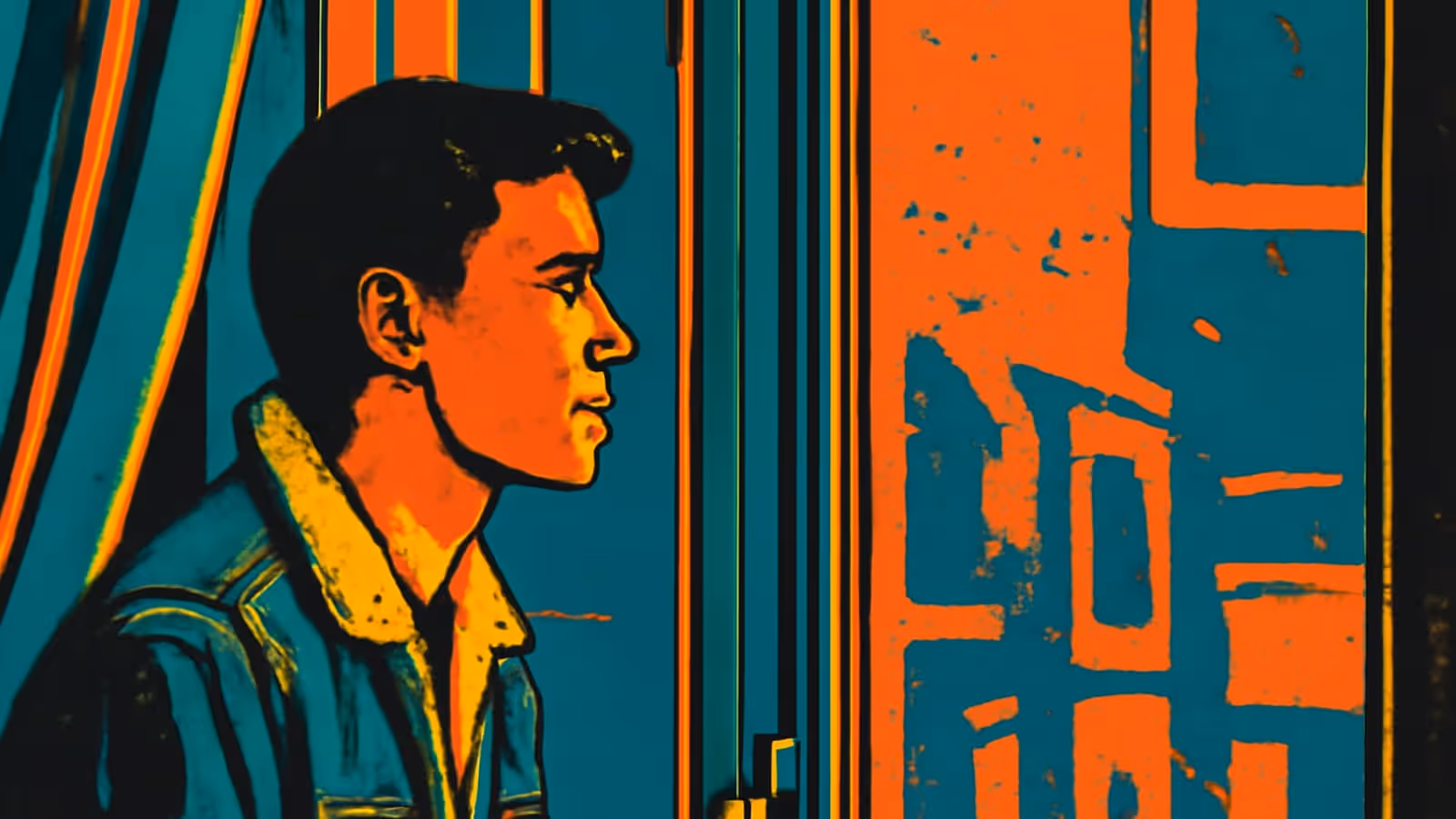 Pop-art illustration of a man in a denim jacket seen in profile, looking out through a window towards a building opposite.