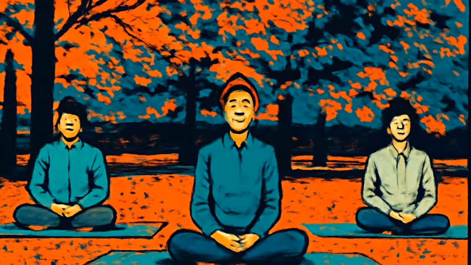 Pop-Art-Illustration von drei Personen, die im Schneidersitz auf Matten unter Herbstbäumen sitzen, mit geschlossenen Augen.