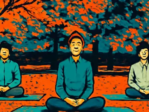 Pop-art illustration of three people sitting cross-legged on mats under autumn trees, eyes closed.