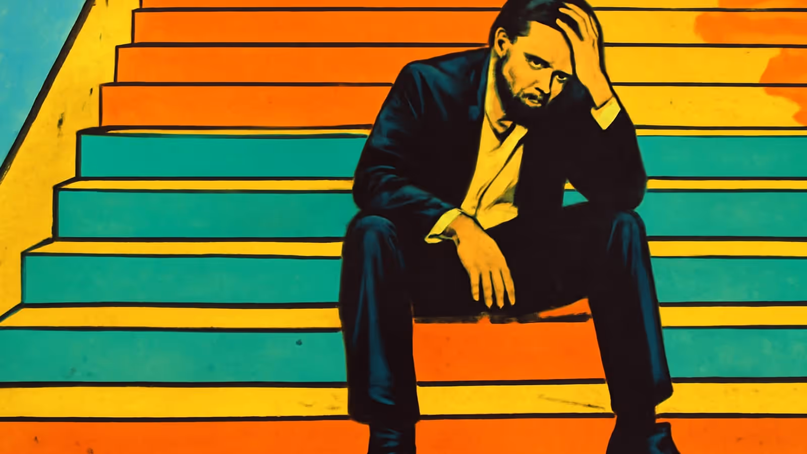 Pop-Art-Illustration eines Mannes in einem Anzug, der auf bunten Stufen sitzt, eine Hand in sein Haar geschoben, nach unten blickend.