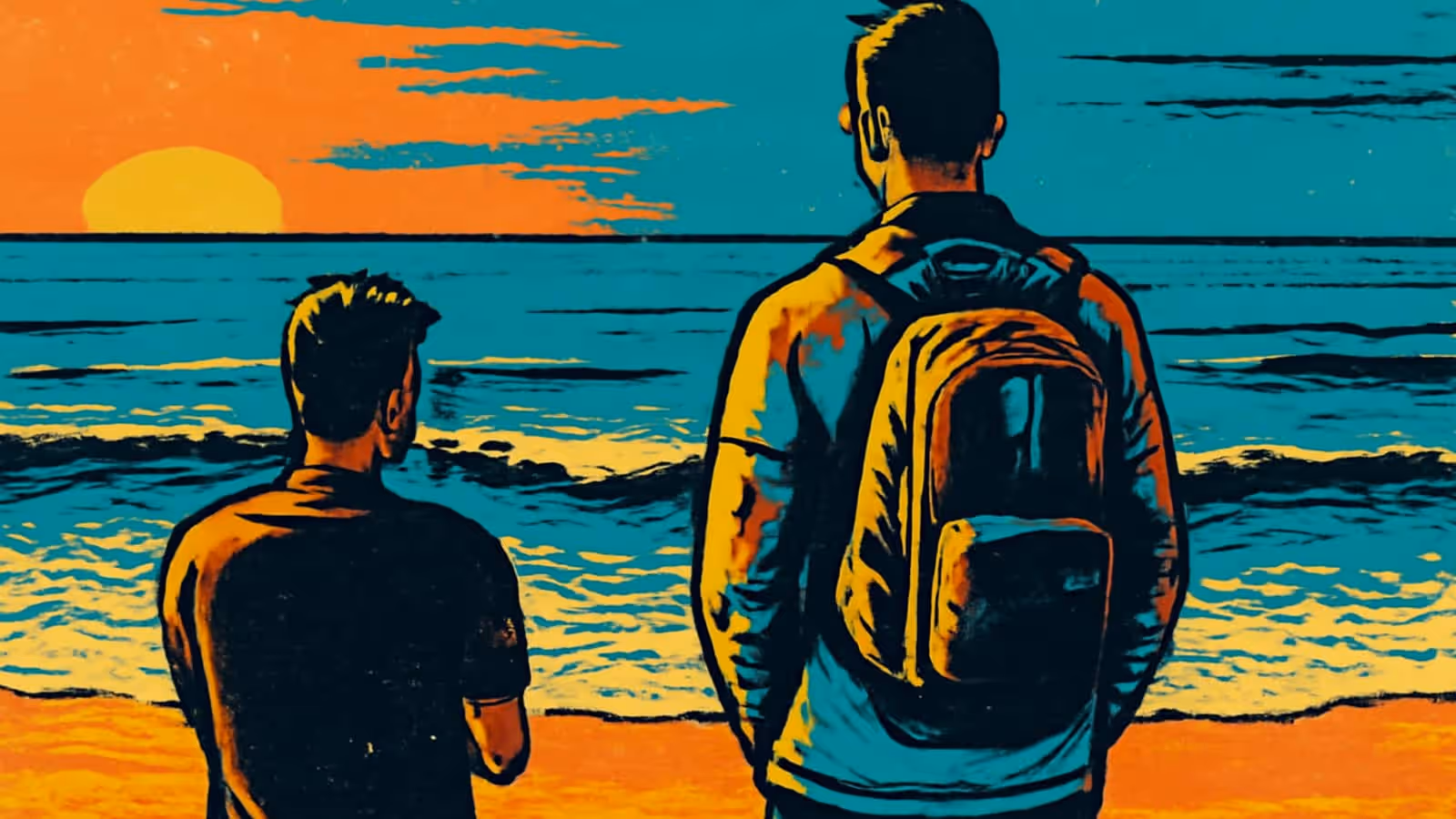 Pop-art illustration of two people standing on a beach, watching waves come in.