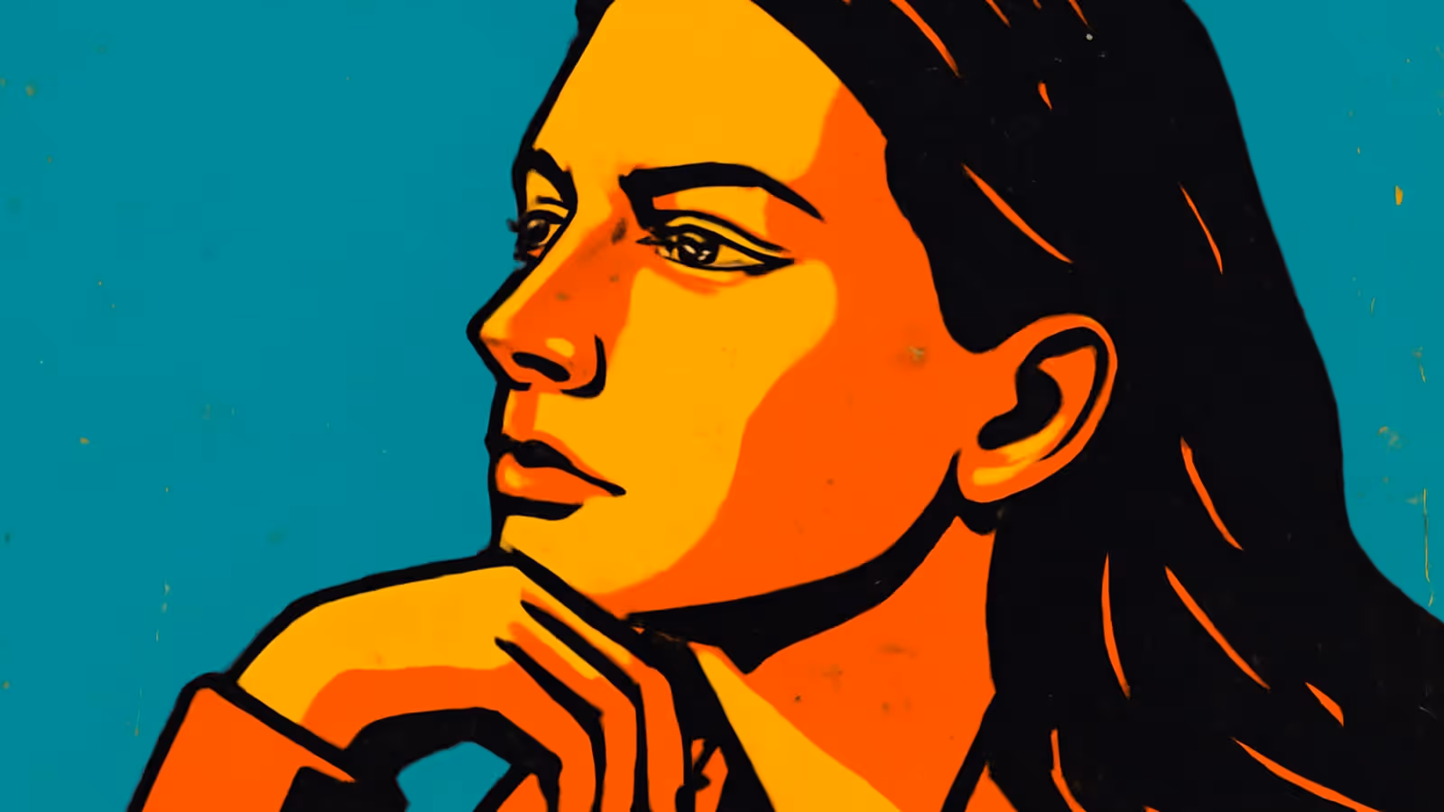 Pop-art illustration of a woman resting her chin on her hand, looking away.