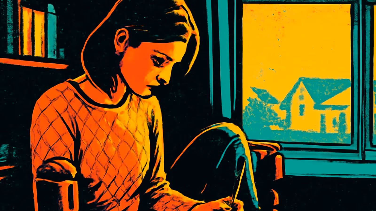 Pop-art illustration of a woman sitting in a chair by a window, writing with her head bowed.
