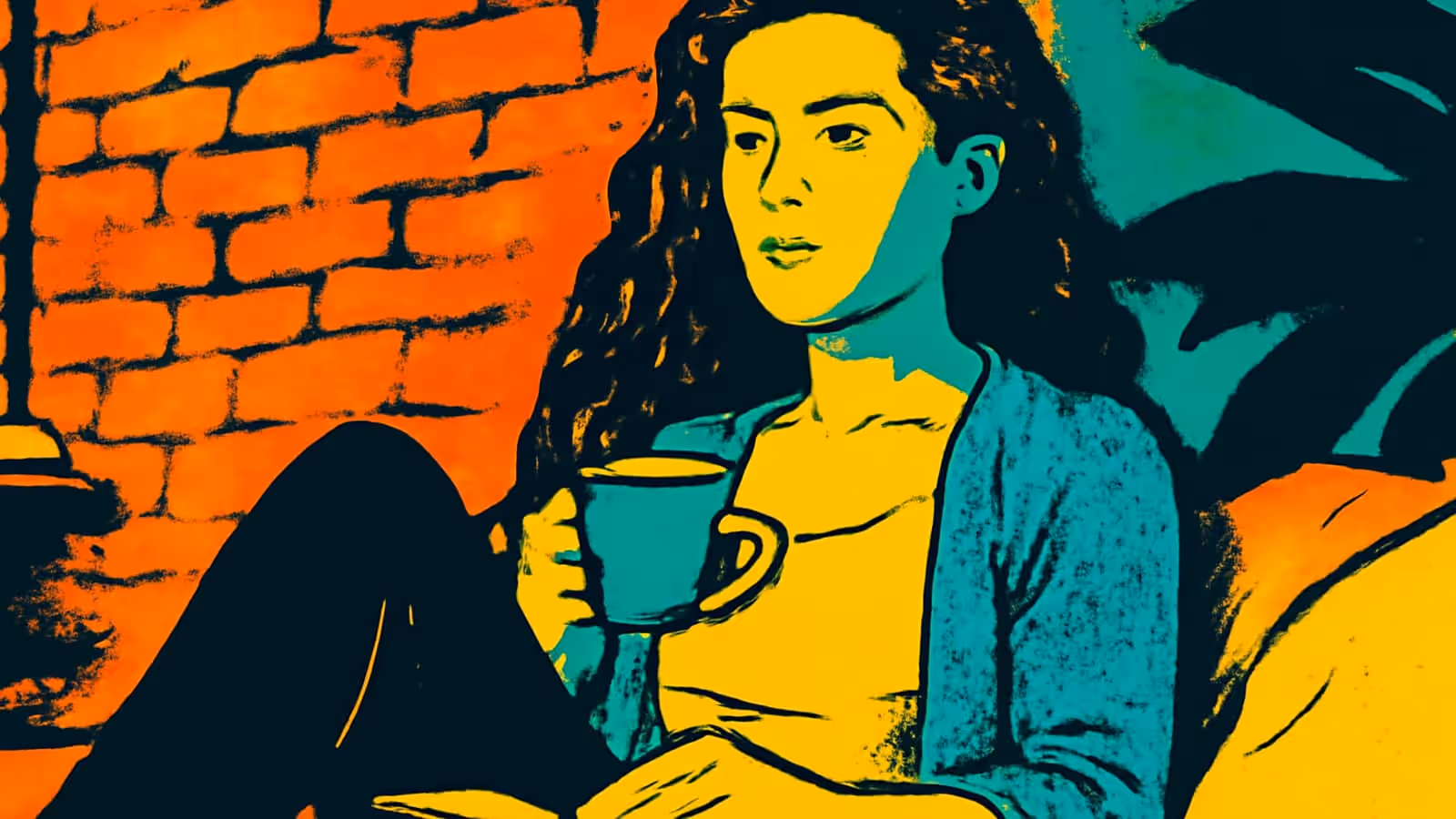 Pop-art illustration of a woman sitting against a brick wall holding a mug.