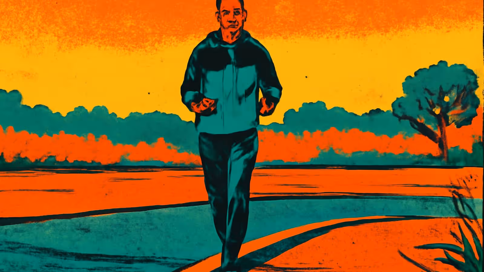 Un hombre en un chándal corriendo por un sendero al amanecer, representado como una ilustración plana en tonos de naranja, amarillo y verde azulado.