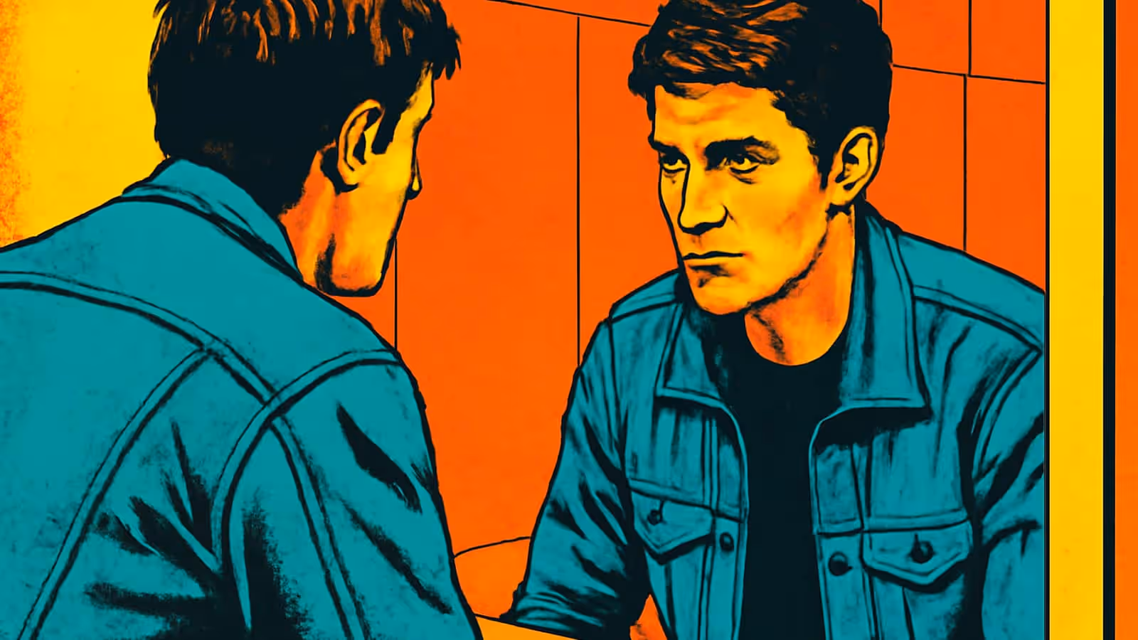 Pop-Art-Illustration eines Mannes in einer Jeansjacke, der seinem eigenen Spiegelbild in einem Badezimmer begegnet.