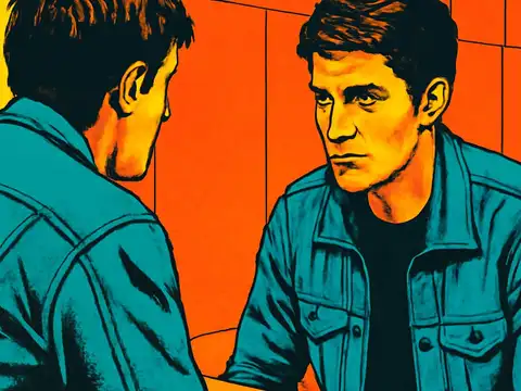 Pop-art illustration of a man in a denim jacket facing his own reflection in a bathroom mirror.