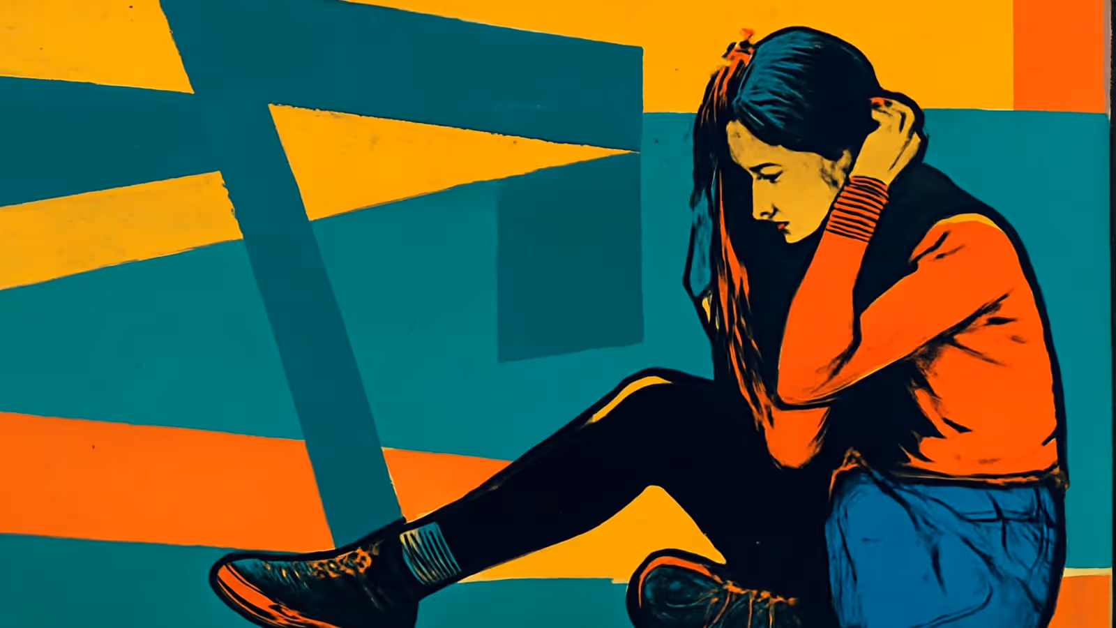 Pop-Art-Illustration einer Frau, die auf dem Boden an einer Wand aus türkisfarbenen und gelben Blöcken sitzt, die Knie angezogen, eine Hand durch ihr Haar geschoben.