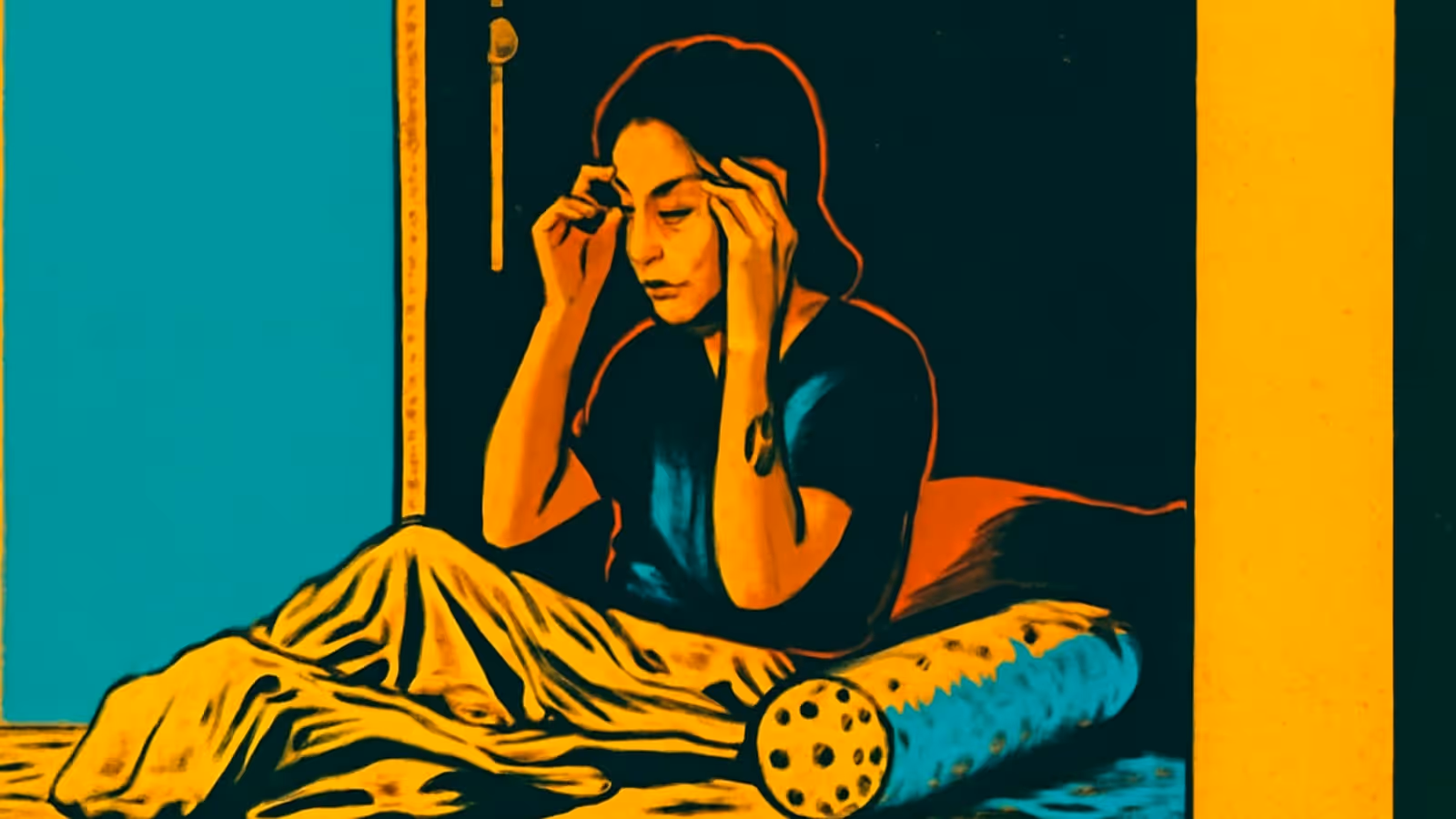Eine Frau sitzt auf einem Bett in einem dunklen Raum, mit beiden Händen an ihren Schläfen und geschlossenen Augen, ein zerknittertes gelbes Laken über ihrem Schoß, dargestellt als flache Illustration in Türkis, Gelb und Orange.