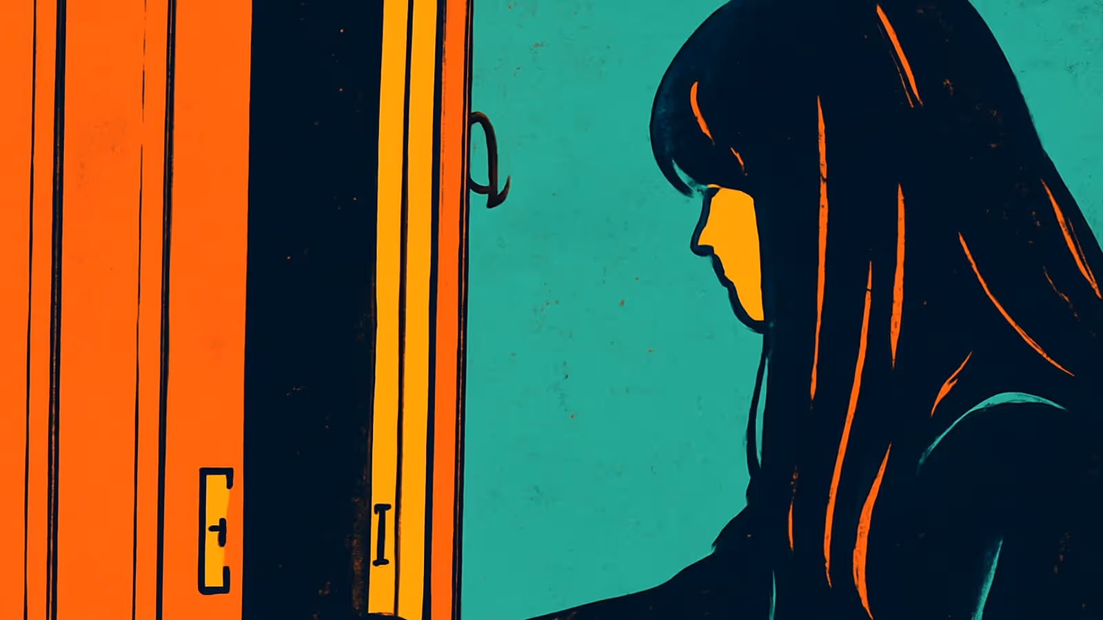 Pop-art illustration of a woman with her hand on a door handle, checking it.