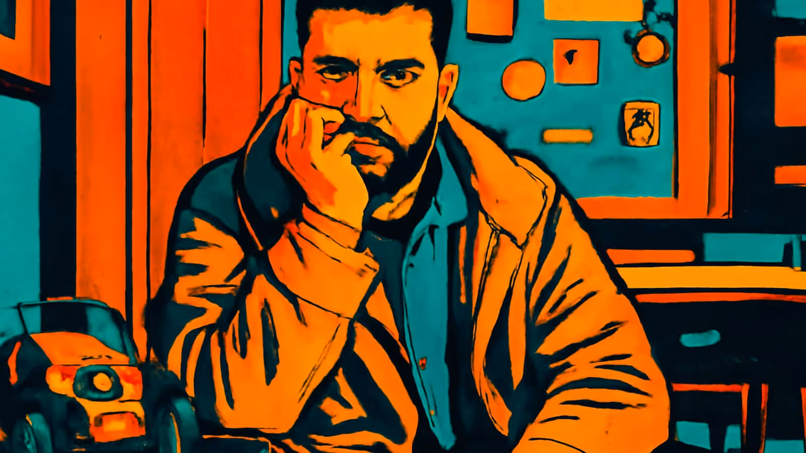 Ein bärtiger Mann sitzt mit einer Hand, die gegen sein Kinn und seinen Mund gehoben ist, und schaut den Betrachter an. Hinter ihm befindet sich ein orangefarbener Vorhang und an seiner Seite eine türkisfarbene Wand mit kleinen gerahmten Objekten, dargestellt als flache orangefarbene und türkisfarbene Illustration.