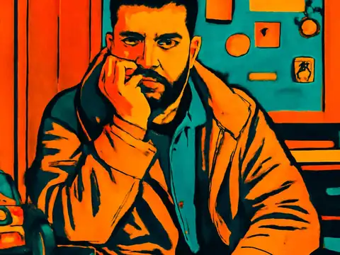 A bearded man sits with one hand raised against his chin and mouth, looking towards the viewer, with an orange curtain behind him and a teal wall of small framed objects to his side, rendered as a flat orange and teal illustration.
