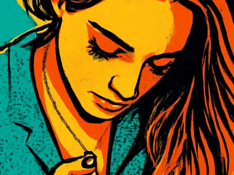 Pop-art illustration of a woman looking down while holding a necklace pendant, in orange and teal.