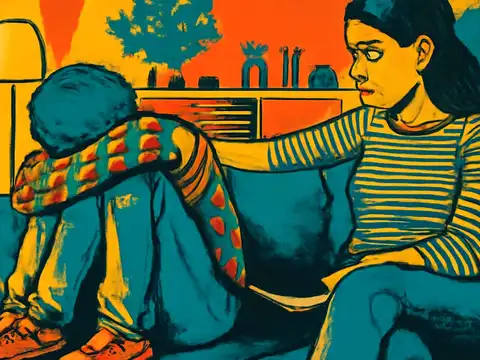 Pop-art illustration of a child curled up on a sofa with their head lowered, and an adult beside them reaching a hand towards their shoulder.