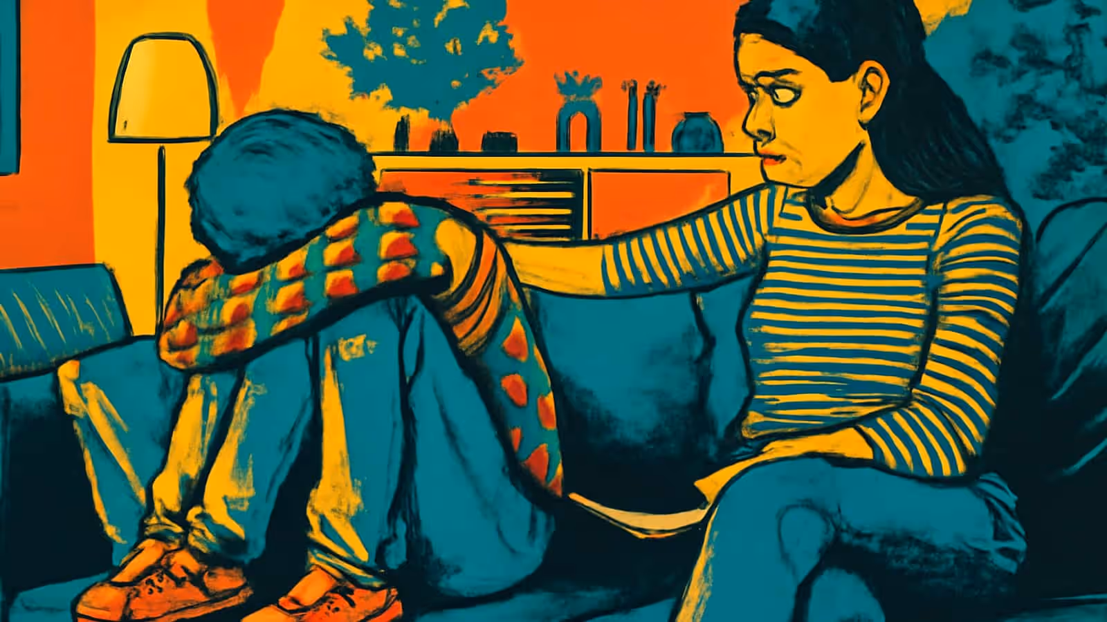 Pop-Art-Illustration eines Kindes, das auf einem Sofa zusammengekauert mit gesenktem Kopf sitzt, und eines Erwachsenen, der neben ihnen sitzt und eine Hand auf ihre Schulter ausstreckt.