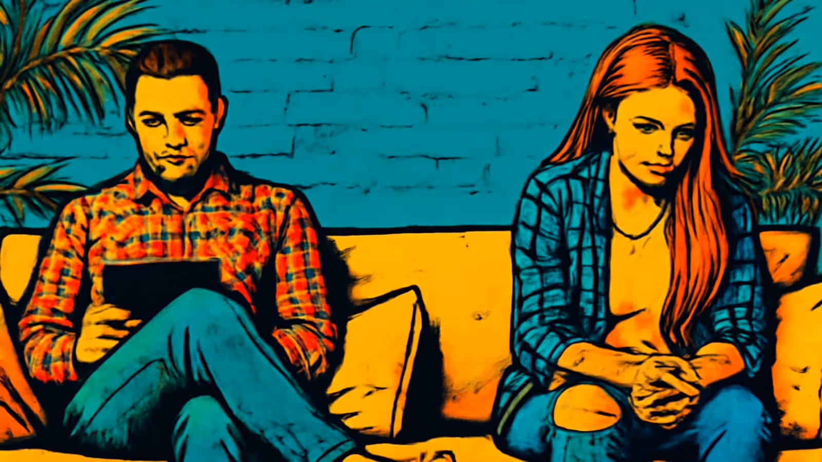 Pop-art illustration of two people sitting at opposite ends of a sofa, one looking down at a tablet, the other looking away with their hands in their lap.